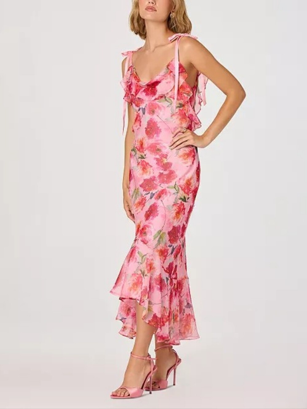 Astr Floral Ruffle Midi Dress in Pink